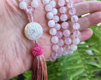 Rose Quartz Moonstone Mala Beads: Hand-Knotted Spiritual Necklace