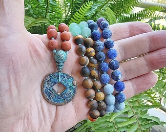 Handcrafted Chakra Mala: Gemstone Meditation Beads with I-Ching Coin