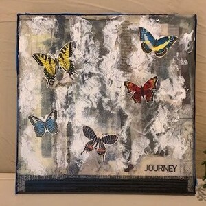 small gift ENCAUSTIC PAINTING 4\u201dx4\u201d mixed media on wood with beeswax and oil paint by Julie Belcher Abstract landscape bright colors