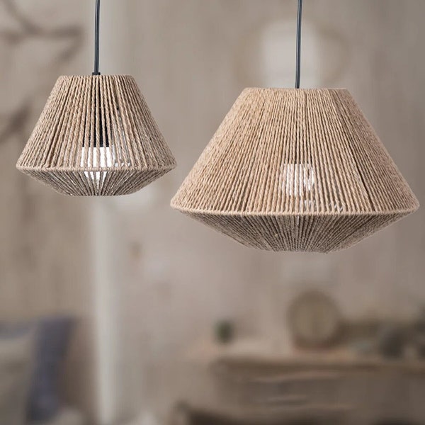 Rattan Lamp Geometric Shade Light Cover Chandelier Hanging Wicker Woven Fixture Rustic Decorative Weave Basket