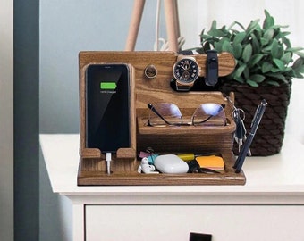 Wooden Personalized unique Docking Station for Cell Phone, Tablet, Wallet, Watch, Keys, Accessories, Desk Organizer, Gifts for Men Dad