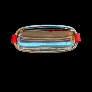 Vintage 1960s Vintage Chrome Serving Tray with Cherry Red Bakelite Handles & Feet by Gourmates by Glo Hill Canada.