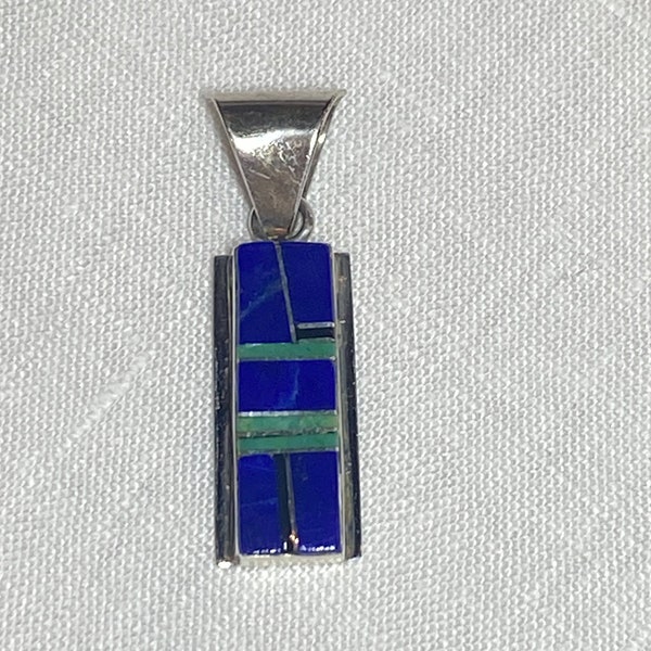 Vintage Native American Silver Pendant – 1980s Sterling Silver Pendant with Beautifully Inlaid Lapis Lazuli, Turquoise and Black Onyx.