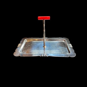 Vintage 1940s Art Deco Rectangle Chrome Hors d&#39;oeuvre Serving Tray with Red Bakelite Handle.