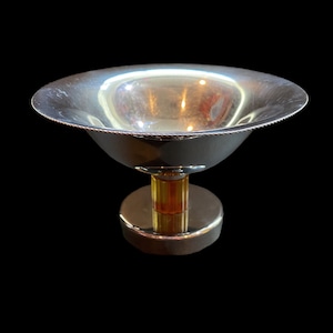 Vintage 1940s Farberware Art Deco Candy/Nut Dish Chrome Plated with Translucent Butterscotch Bakelite Pedestal.