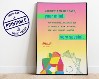 Cartel de TDAH / arte de pared imprimible / Impresión de TDAH / salud mental / oficina de trabajador social / oficina de psicólogo / cartel de mente especial /