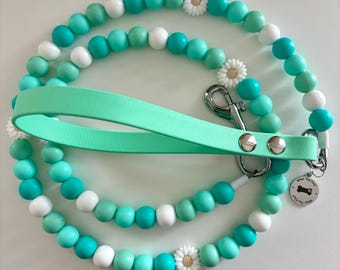 Silicone Beaded Dog Lead: Biothane Handle, Flower Beads, Waterproof Pet Lead