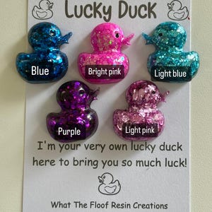 May include: Five resin duck figurines with chunky glitter. The ducks are in the colours blue, bright pink, light blue, purple, and light pink. The ducks are arranged in a row on a white card with the text "Lucky Duck" and "I'm your very own lucky duck here to bring you so much luck!"  What The Floof Resin Creations @whatt_hefloof