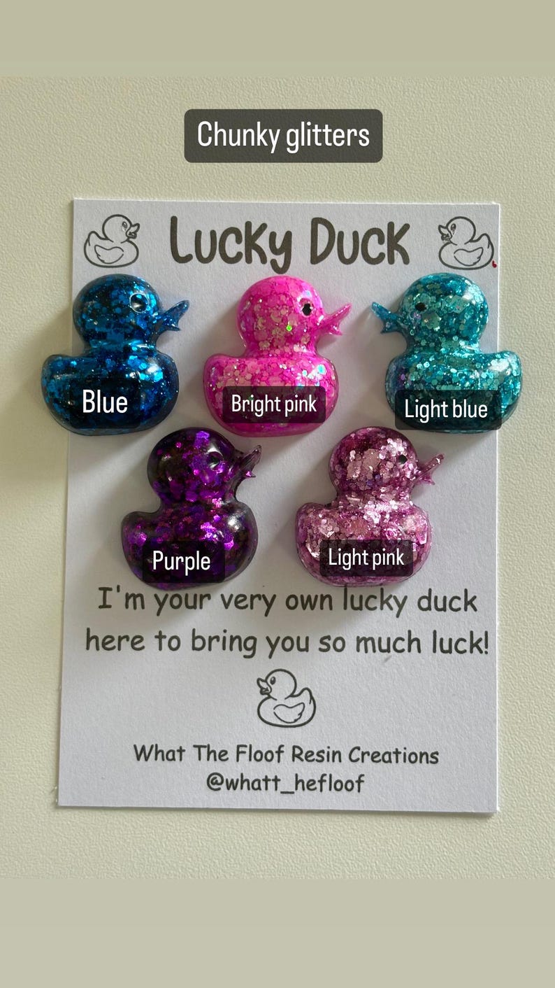 May include: Five resin duck figurines with chunky glitter. The ducks are in the colours blue, bright pink, light blue, purple, and light pink. The ducks are arranged in a row on a white card with the text "Lucky Duck" and "I'm your very own lucky duck here to bring you so much luck!"  What The Floof Resin Creations @whatt_hefloof