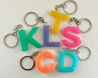 Neon Glitter Resin Initial Keychain: Handmade Letter Keyring