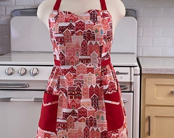 Retro Apron Plus Size - Christmas Gingerbread House - BETTY Sweetheart Neckline