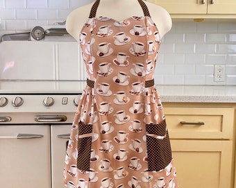 Retro Apron Plus Size Sweetheart Neckline - Cups Of Coffee - BETTY