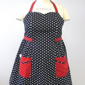 Retro Apron Plus Size Sweetheart Neckline Black and White Polka Dot with Red BETTY image 1