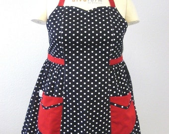 Retro Apron Plus Size Sweetheart Neckline Black and White Polka Dot with Red BETTY