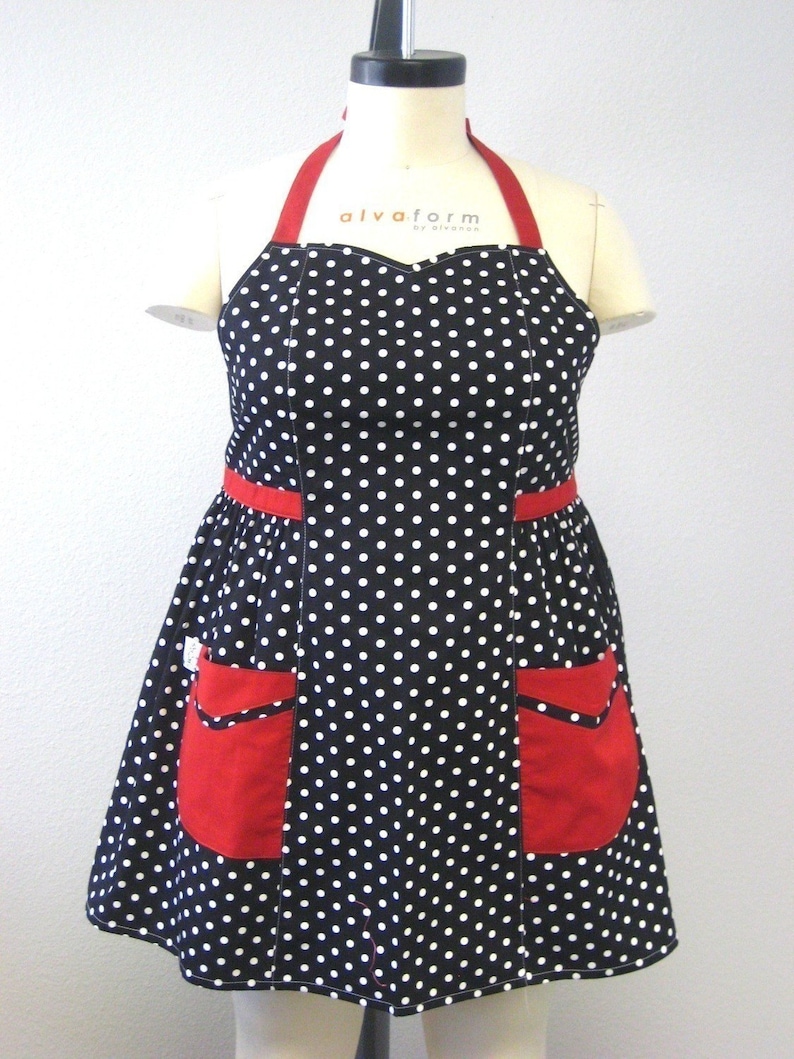 Retro Apron Plus Size Sweetheart Neckline Black and White Polka Dot with Red BETTY image 1
