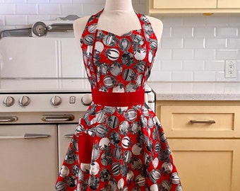 Retro Full Apron - Christmas Bulbs, Ornaments on Red - MAGGIE