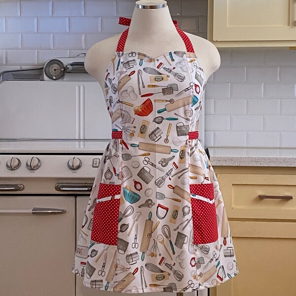 Plus Size Apron - Cooking and Baking Utensils on White - Betty