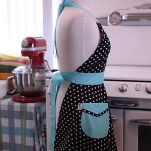 The BELLA Vintage Inspired Black and White Polka Dot with AQUA Full Apron image 3