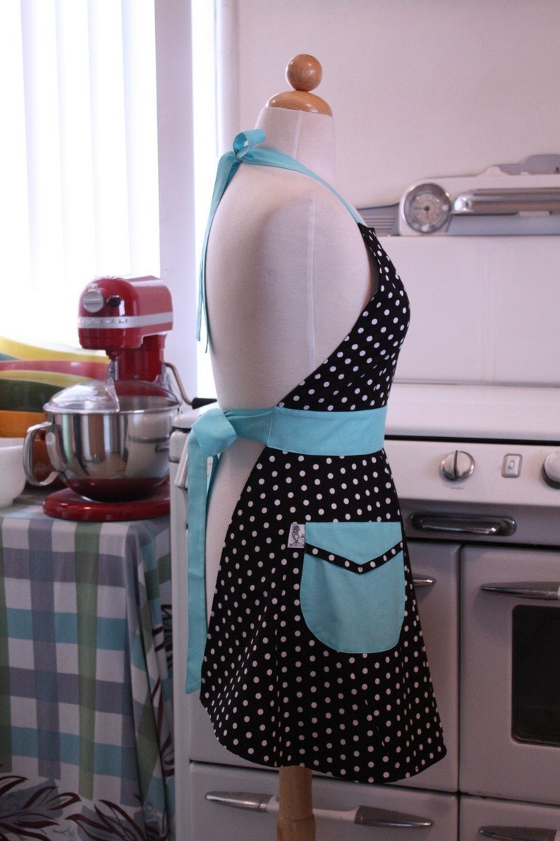 The BELLA Vintage Inspired Black and White Polka Dot with AQUA Full Apron image 3