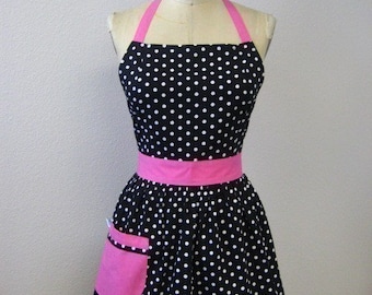 Retro Apron Polka Dot Black and White with HOT Pink Full Apron Chloe