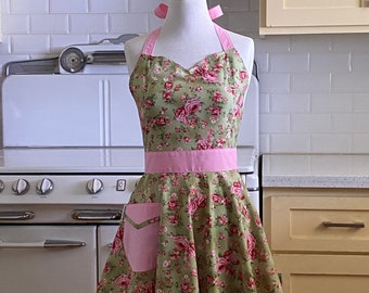 Retro Sweetheart Apron - Pink Floral on Green - BELLA