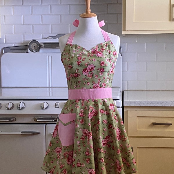 Retro Sweetheart Apron - Pink Floral on Green - BELLA