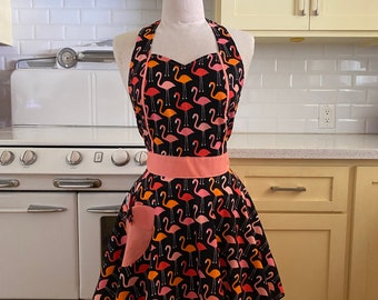 The MAGGIE - Flamingos on Black - Vintage Inspired Full Apron