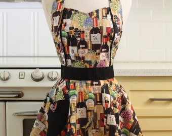 Retro Apron Bottles of Wine on Black - MAGGIE