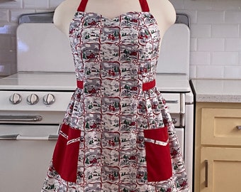 Retro Apron Plus Size - Christmas Snow Scene - BETTY Sweetheart Neckline