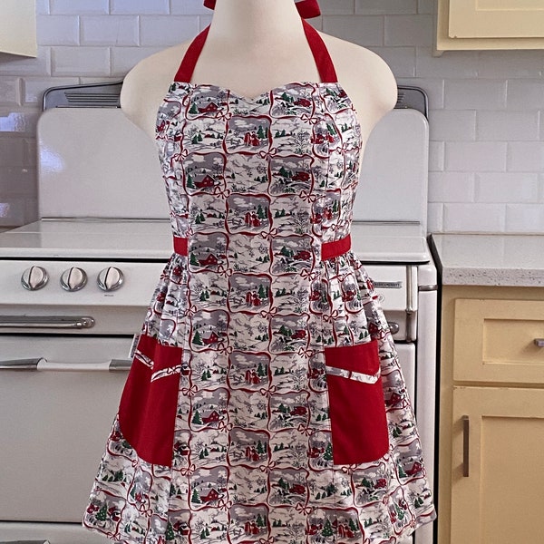 Retro Apron Plus Size - Christmas Snow Scene - BETTY Sweetheart Neckline