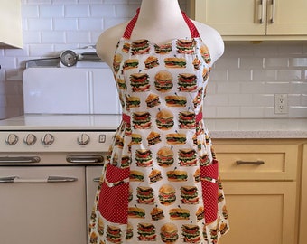 Retro Apron Plus Size - Burgers and Sandwiches on White - BETTY Sweetheart Neckline