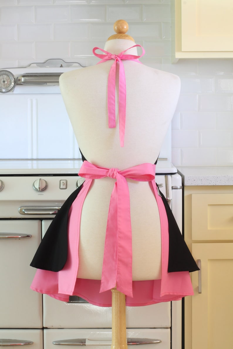 Apron French Maid Solid Black with Hot Pink Double Circle Skirt Retro Full Apron image 3