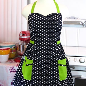 Plus Size Apron - Polka Dot Black White with Lime Green