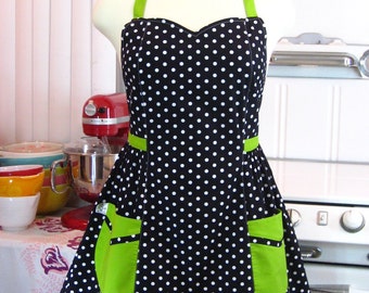 Plus Size Apron - Polka Dot Black White with Lime Green