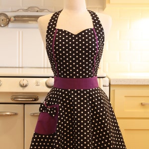 Sweetheart Apron Black and White Polka Dot with Purple MAGGIE