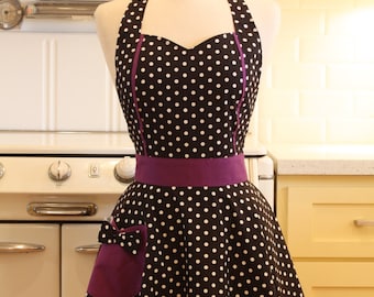 Sweetheart Apron Black and White Polka Dot with Purple MAGGIE
