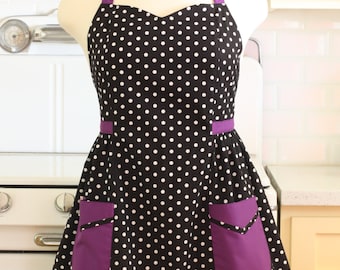 Plus Size Apron - Polka Dot Black White with Purple