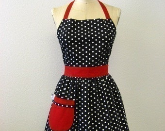 Apron Retro Polka Dot Black and White with Red CHLOE