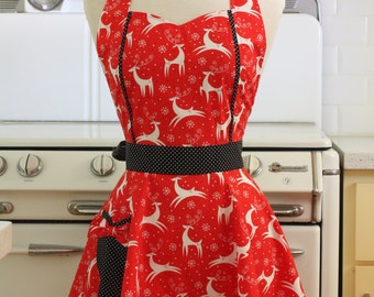 Apron Christmas Reindeer on Red MAGGIE Retro Full Apron