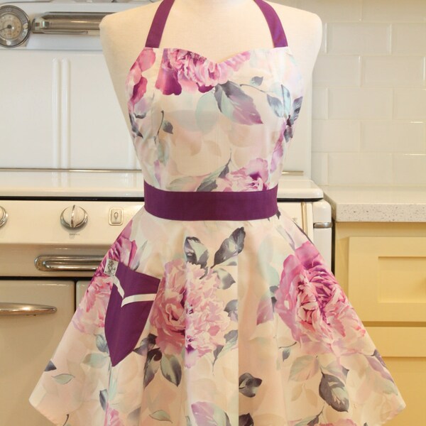 Retro Apron Purple Floral Watercolor BELLA Full Apron