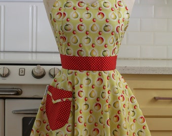 Retro Sweetheart Apron - Apples and Pears on Greenish Yellow - BELLA