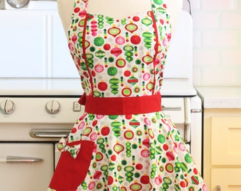 Apron Christmas Ornaments on White MAGGIE Retro Full Apron