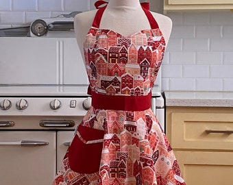 Retro Full Apron - Christmas Gingerbread House - BELLA Sweetheart Neckline