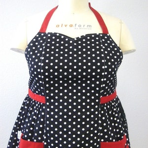 Retro Apron Plus Size Sweetheart Neckline Black and White Polka Dot with Red BETTY image 2