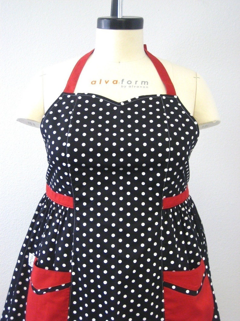 Retro Apron Plus Size Sweetheart Neckline Black and White Polka Dot with Red BETTY image 2