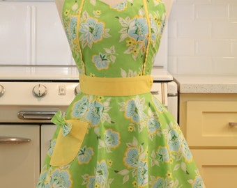 Retro Apron Blue Flowers on Green MAGGIE Full Apron