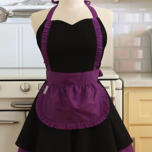 Apron French Maid Solid Black with Purple Double Circle Skirt Retro Full Apron