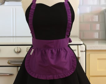 Apron Francés Maid Sólido Negro con Púrpura Doble Círculo Falda Retro Total Apron