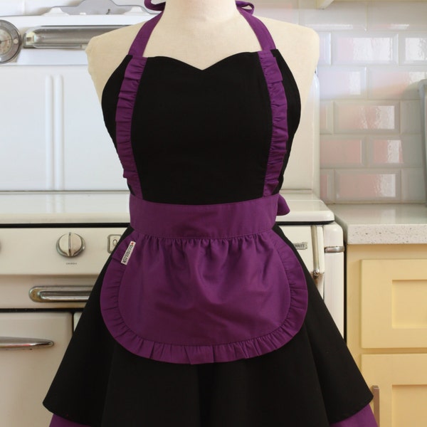 Apron French Maid Solid Black with Purple Double Circle Skirt Retro Full Apron