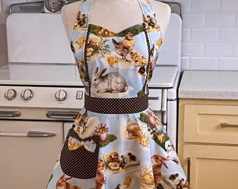The MAGGIE - Vintage Inspired Bunnies and Chicks on Blue Easter Full Apron